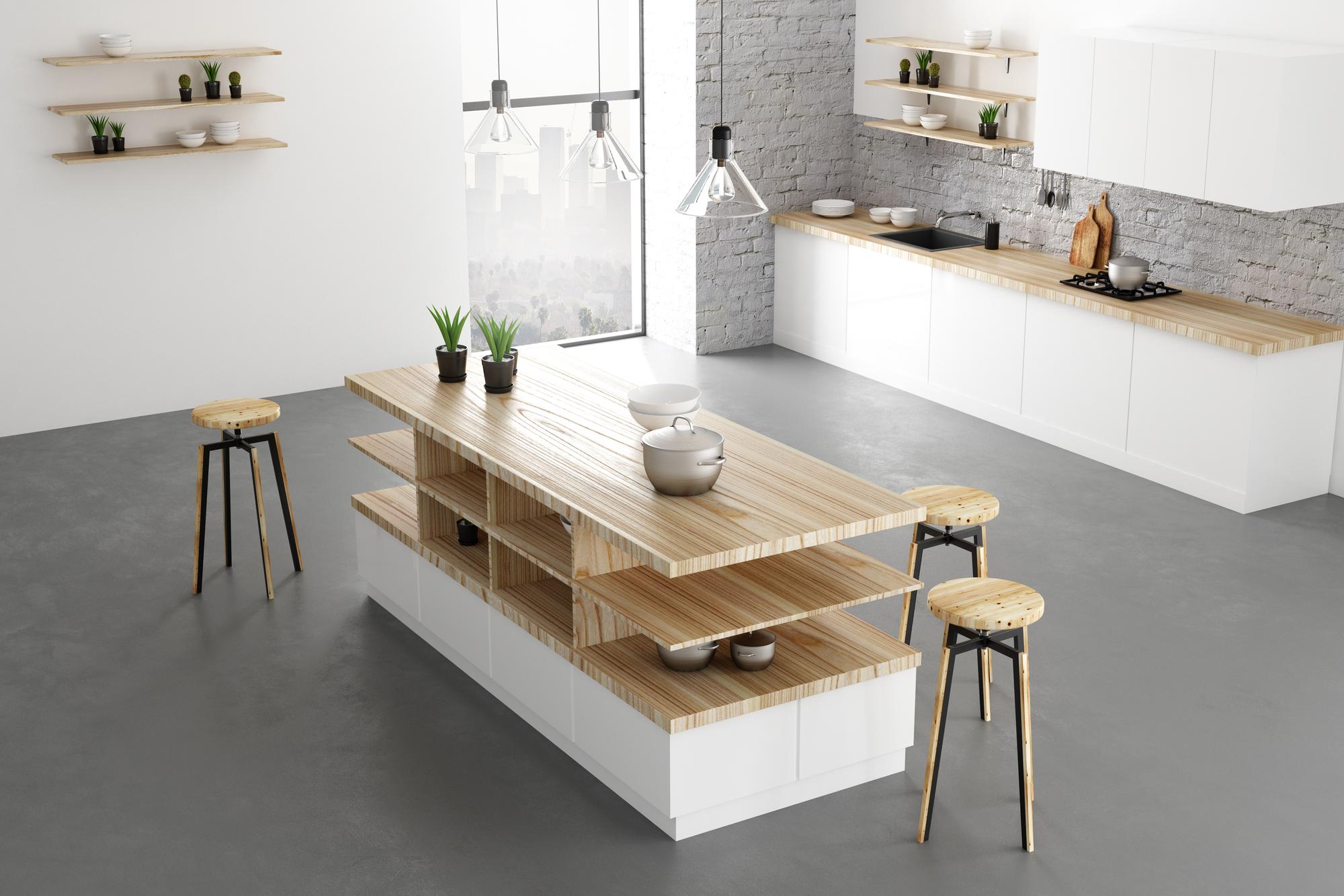 Bright studio kitchen with wooden island